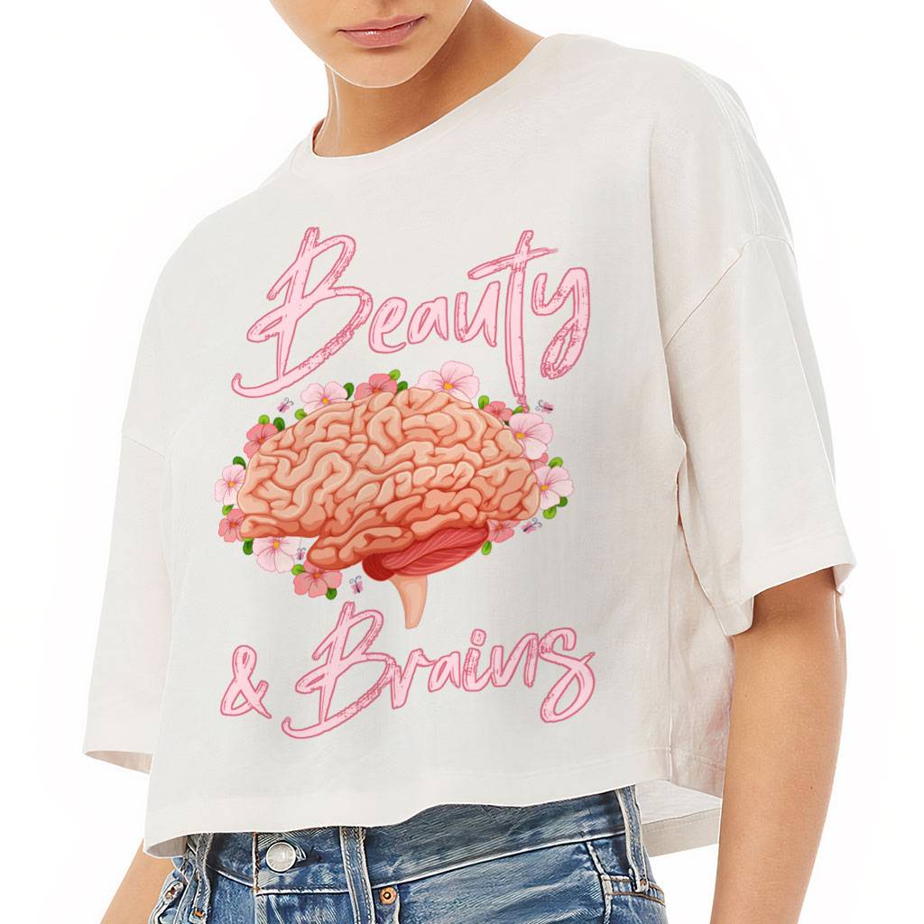 Beauty and Brains Women's Crop Tee Shirt T-Shirts Color : Black|Military Green|Vintage White 