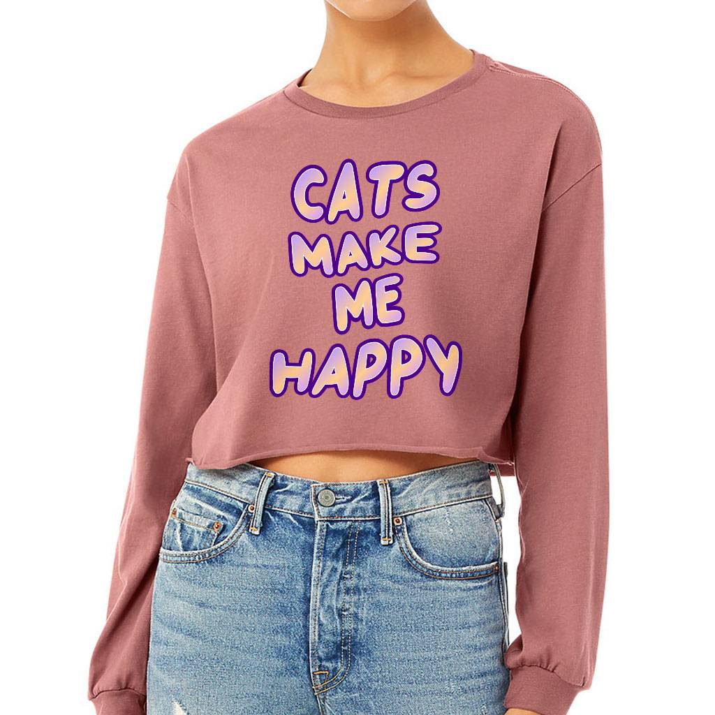 Cats Make Me Happy Cropped Long Sleeve T-Shirt T-Shirts Women's Clothing Color : Black|Mauve|Mustard|White 
