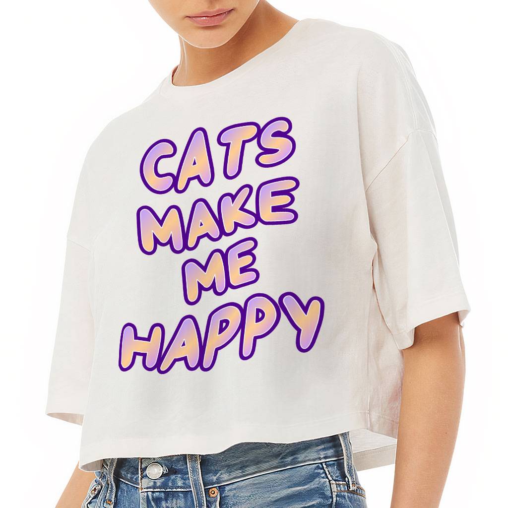 Cats Make Me Happy Women's Crop Tee Shirt T-Shirts Color : Black|Military Green|Vintage White 