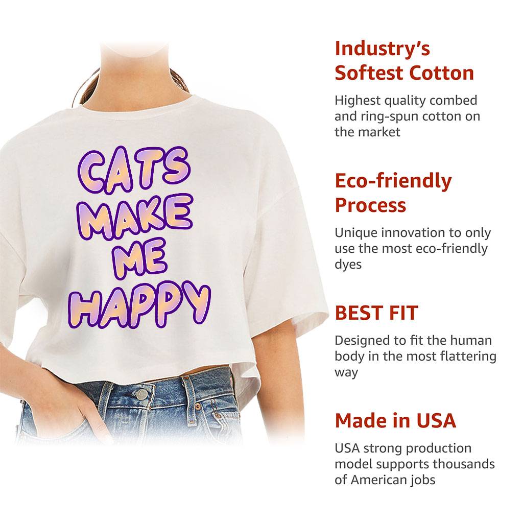 Cats Make Me Happy Women's Crop Tee Shirt T-Shirts Color : Black|Military Green|Vintage White 