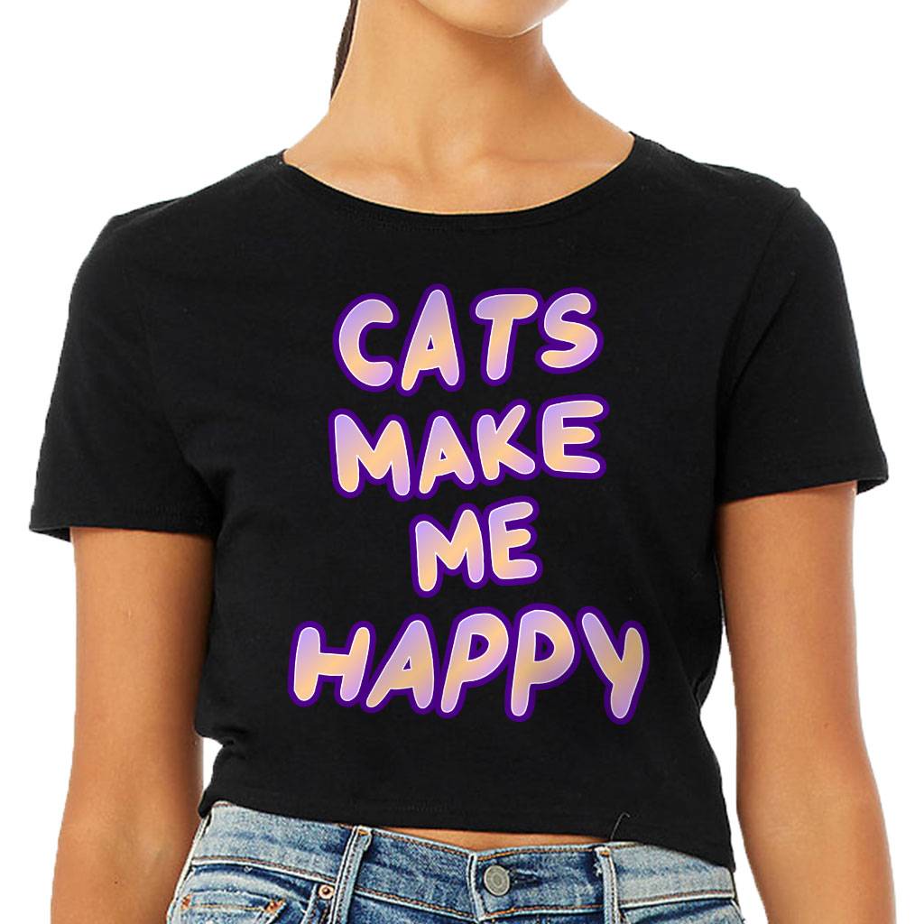 Cats Make Me Happy Women's Cropped T-Shirt T-Shirts Color : Black|Heather Olive|White 