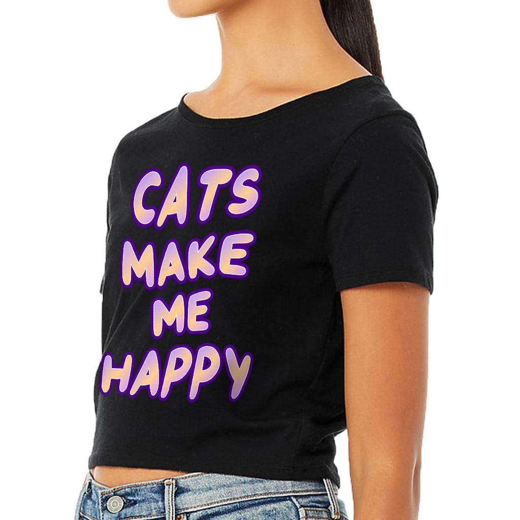Cats Make Me Happy Women's Cropped T-Shirt T-Shirts Color : Black|Heather Olive|White 