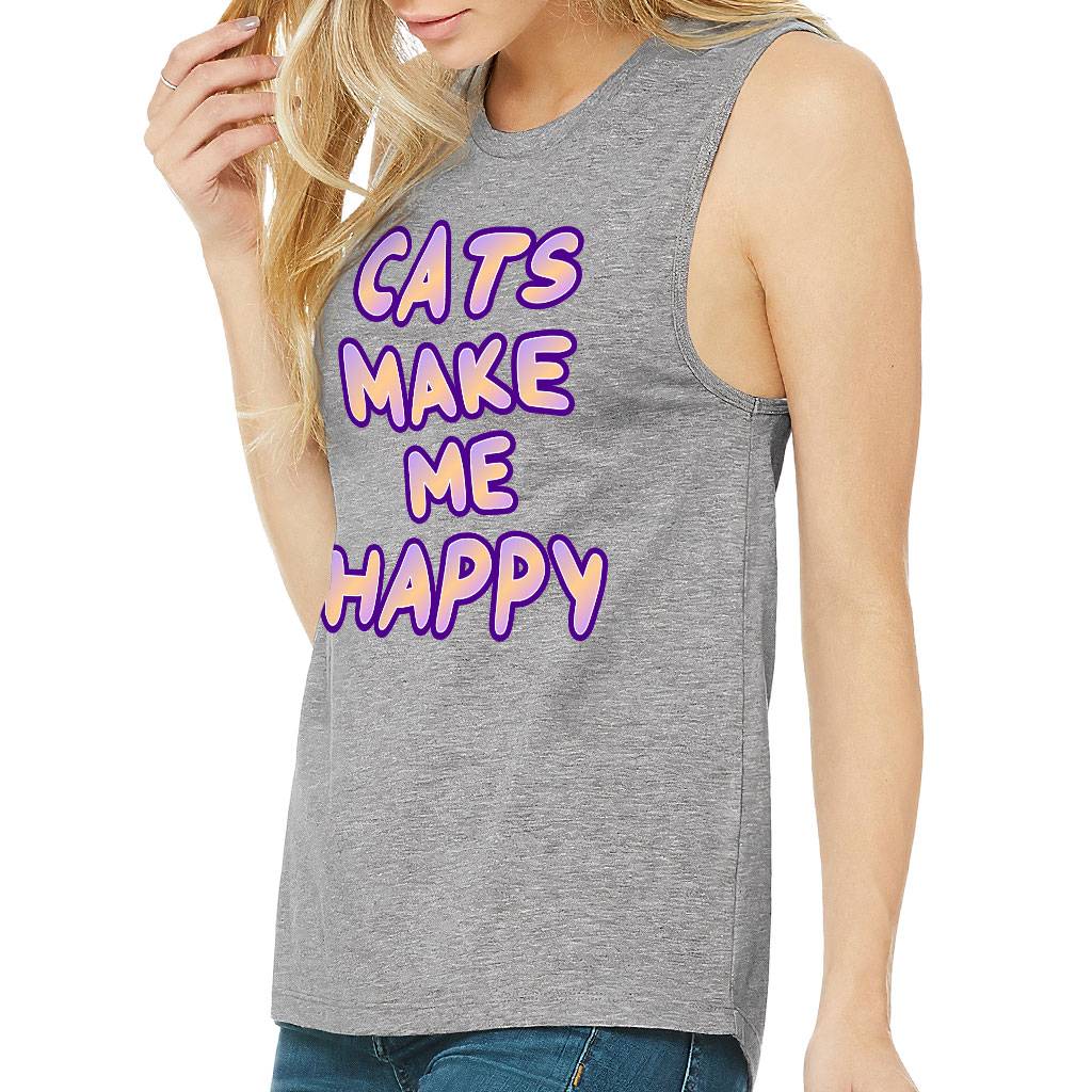 Cats Make Me Happy Women's Muscle Tank T-Shirts Women's Clothing Color : Athletic Heather|Black|Maroon|White 