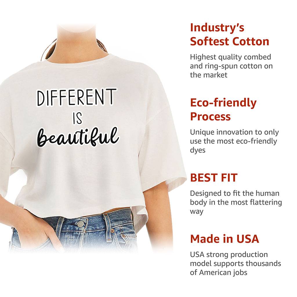Different Is Beautiful Women's Crop Tee Shirt - Cute Design Cropped T-Shirt - Graphic Crop Top Color : Black|Military Green|Vintage White 