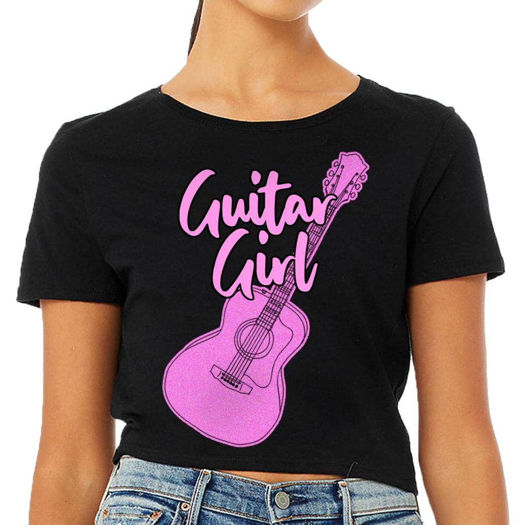 Guitar Design Women's Cropped T-Shirt - Graphic Crop Top - Cute Cropped Tee Color : Black|Heather Olive|White 