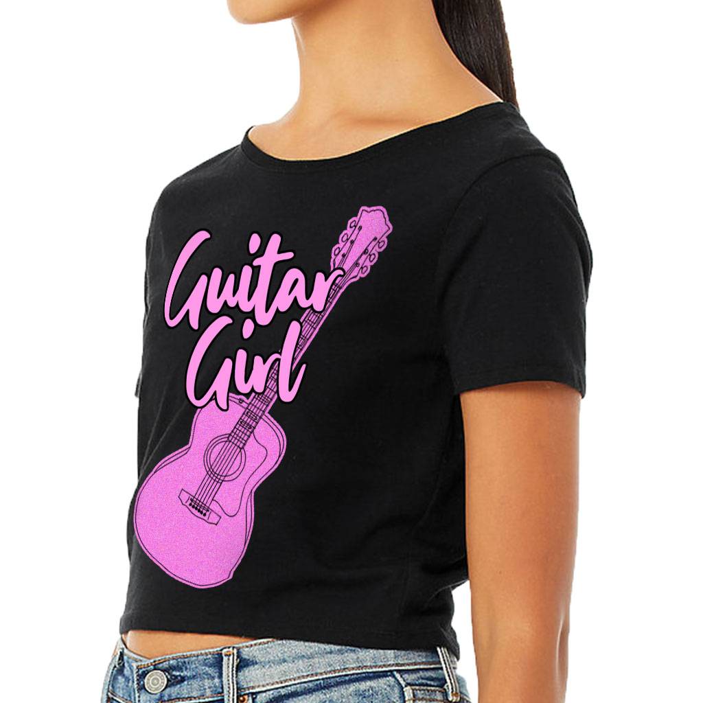 Guitar Design Women's Cropped T-Shirt - Graphic Crop Top - Cute Cropped Tee Color : Black|Heather Olive|White 